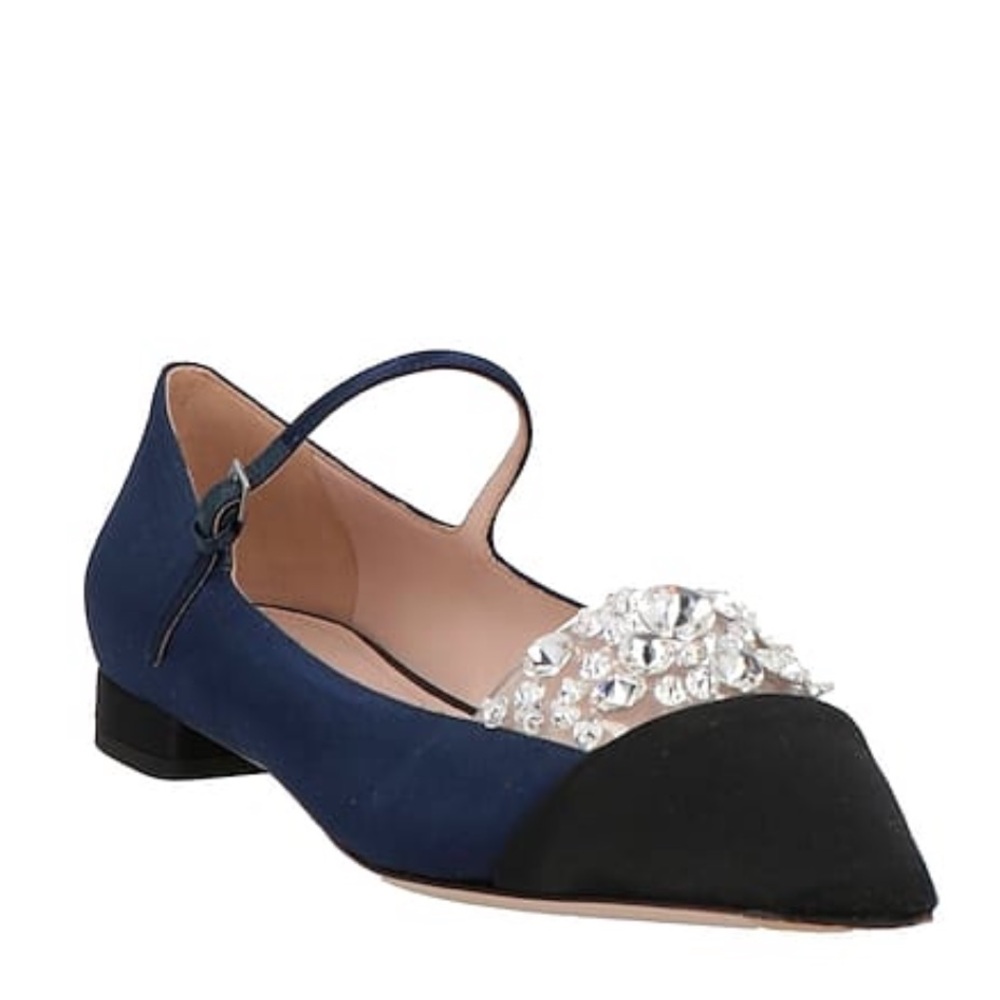 Miu Miu Black Satin Crystal Embellished Ankle Strap Pointed Toe Ballet Flats 40 - Picture 16 of 16